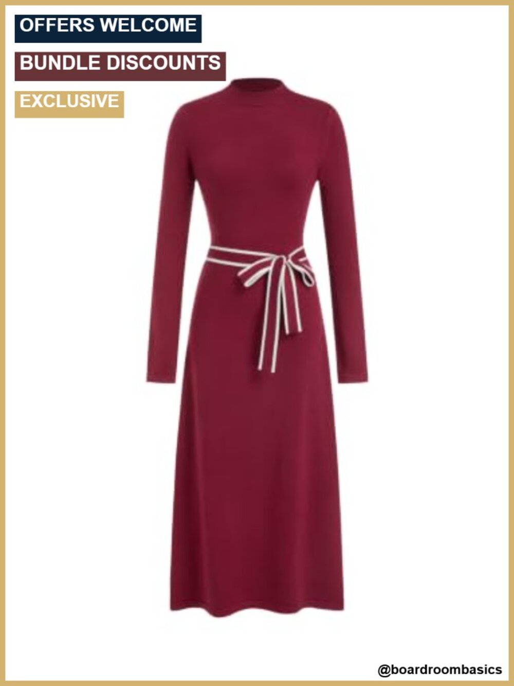 Turtleneck Sweater Dress Long Sleeve Tie Waist Maxi Work Dress